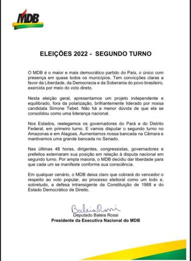 MDB decide liberar filiados a apoiar Lula ou Bolsonaro no segundo turno